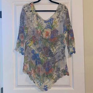 Angela Mara mini dress colorful tunic with mesh hem cotton blend Size S/M
